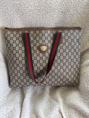 Gucci Beige Monogram Tote with Green and Red Webbing